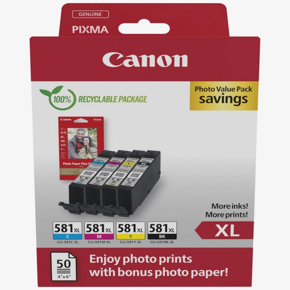 Value Pack med Canon CLI-581XL BK/C/M/Y højtydende blækpatron + fotopapir