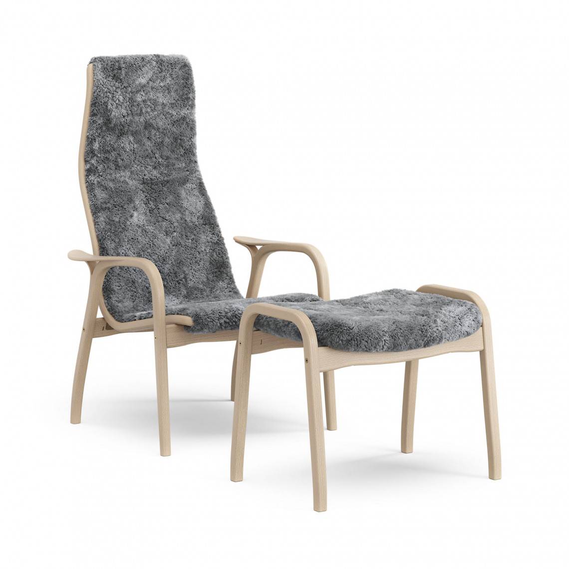 Lænestol + skammel Lamino, Farve fåreskind Scandinavian grey, Skelet Klarlakeret bøg.