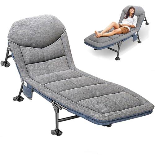 Fältsäng, hopfällbar karpstol, campingsäng för avslappning, fiskesäng med 6 ben, liggbädd, trädgårdsstol, sängstol, stabil metallfällsäng, campingstol med madrass, bärbar gästsäng, vikbar, för kontor