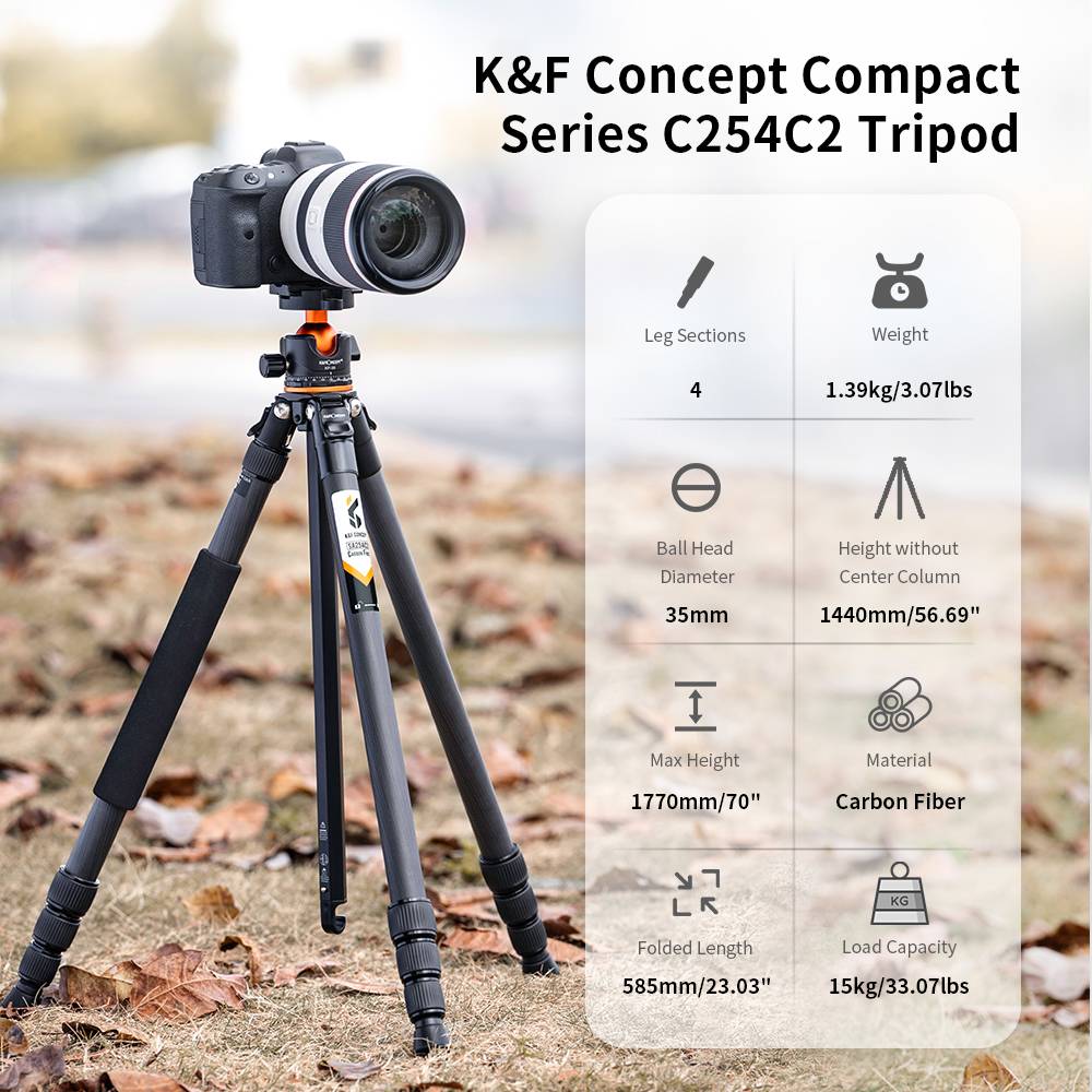 K&F CONCEPT Carbon Fiber Camera Tripod 70 inch 177cm Max Height Professional Tripod 15kg 33.07lbs Load for Travel Camera SA254C2