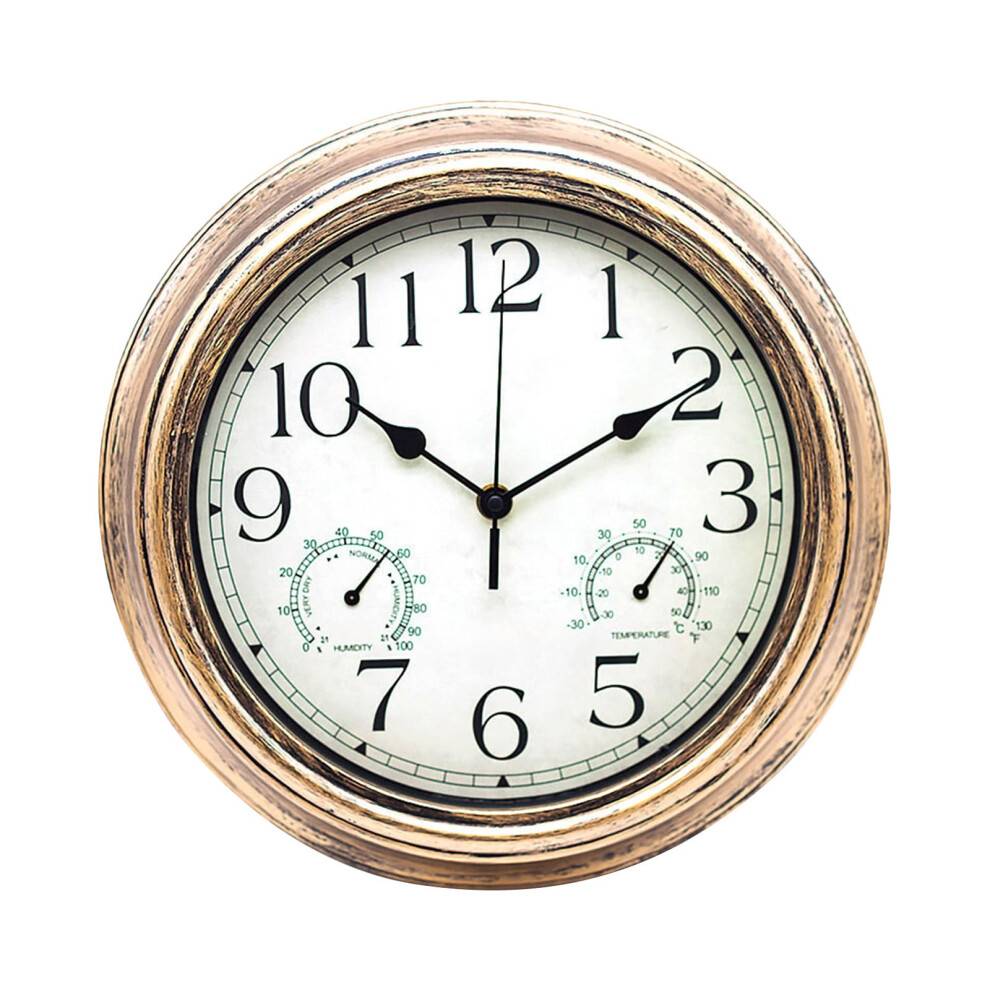 Vandtæt vægur med termometer og hygrometer, 12 tommer batteridrevet, lydløst, ikke-tikkende rundt ur, indendørs og udendørs retro design, vintage