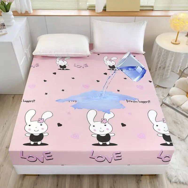 Kuup-Polyester 360° waterproof Cartoon Fitted Sheet Only(no pillowcase) Elastic Band Around Mattress Cover King Size Bed Cover - W1s tu zi fen / Full 138x190cm