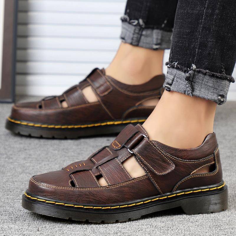 Äkta Läder Herr Plattform Casual Sandaler Stängd Tå Kardborre Plus Storlek Herrskor 45
