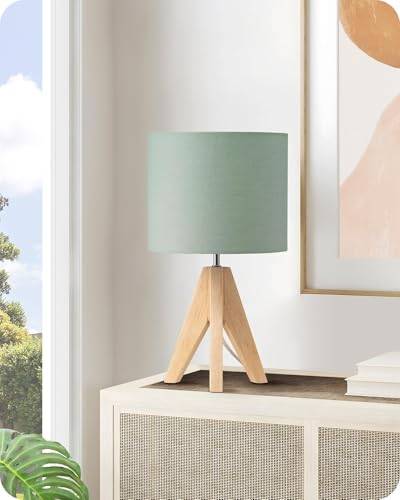 EDISHINE Tischlampe Vintage, Nachttischlampe Grün, Stativ Holz LED Tischleuchte, Retro Landhaus, E27 Lampe, Lampenschirm aus Leinen, für Deko Schlafzimmer, Wohnzimmer