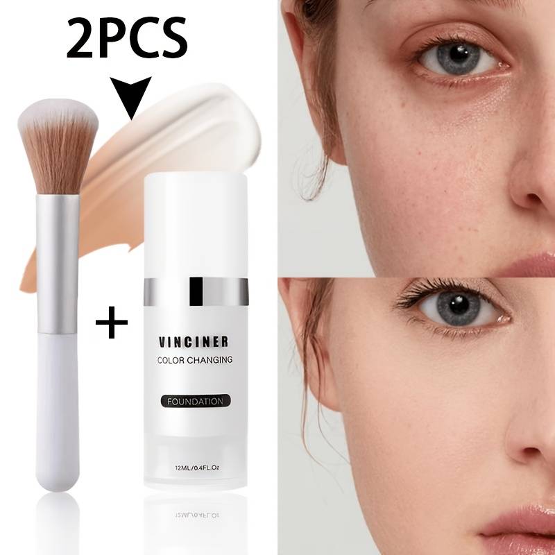 2pcs-[1pc Color-changing Foundation With 1pc Foundation Brush] Non-drying Formula, Seamlessly With Tone Instantly! Perfect For Light To Medium Complexions And Suitable For Types