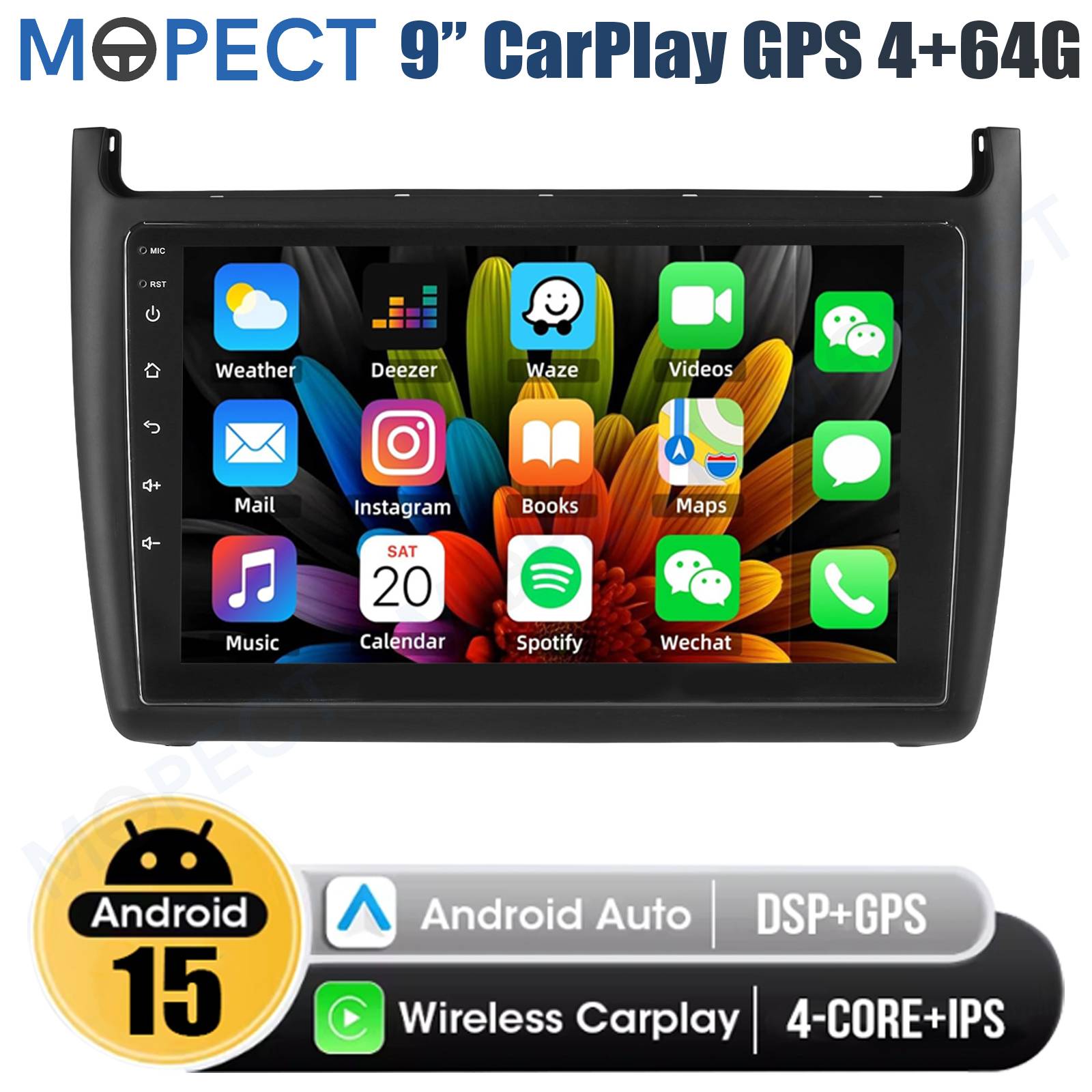 9" Android 15 Car Stereo Radio For VW Polo 6R 6C V 2009-2017 Apple CarPlay 4+64G Touchscreen DAB&DVR&AHD GPS Navi FM/AM WiFi SWC