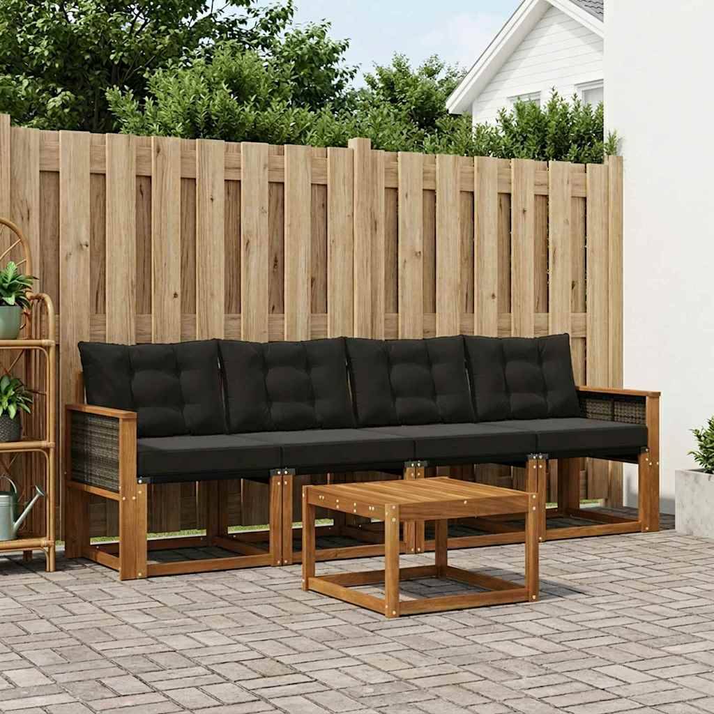 Udendørs Sofagruppe Med Pude 5 Dele - Naturfarvet og sort / Grå rattan.