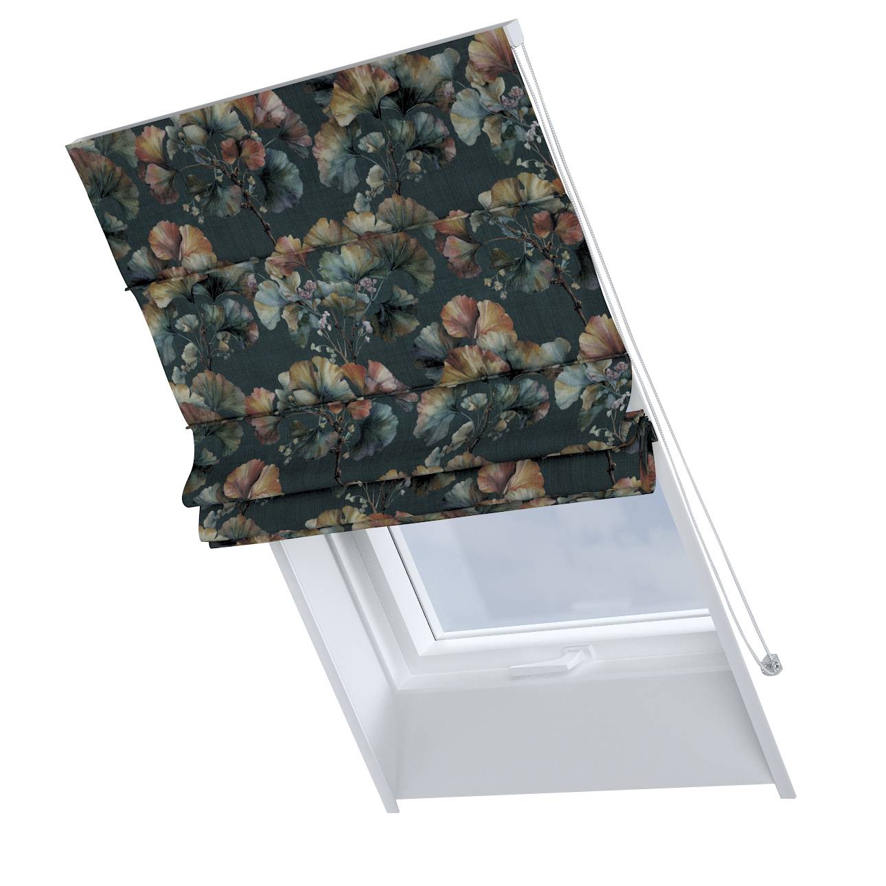Foldegardin Rimini<br/>Til tagvinduer, Naturhvid med sort, grå og rosa print, Botanic Viscose