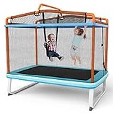 Costway 3-i-1 barnstudsmatta, rektangulär trädgårdsstudsmatta med gunga och räcke, fitnesstudsmatta med säkerhetsnät och kantskydd, studsmatta för inomhus- och utomhusbruk, 190 x 124 x 222 cm (blå +