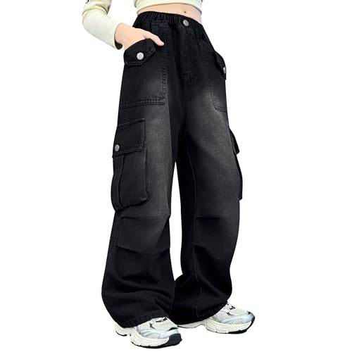 Rolanko Baggy cargojeans för flickor, elastiska byxor med hög midja och vida ben, Y2K-jeans med flera fickor, 11-12 år