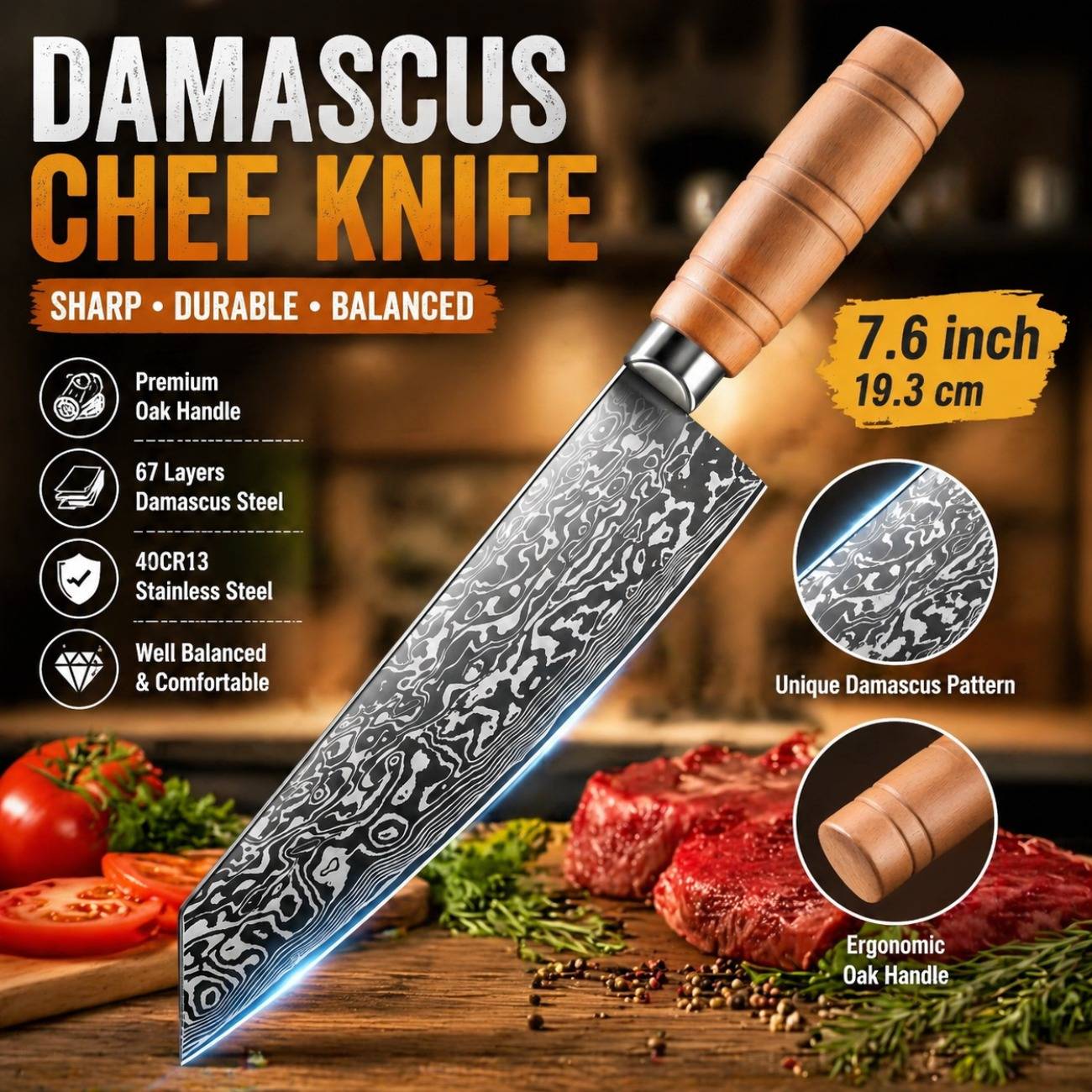 Multipurpose Damascus Chef Knife, High-Hardness Stainless Steel Kitchen Knife with Oak Handle for Slicing Meat and Vegetables