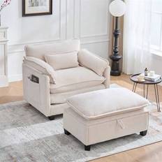 Modern överdimensionerad fåtölj med fotstöd och pall, sammetsloungefåtölj med sidofickor och kuddar, bekväm läsfåtölj för vardagsrum, sovrum och lägen - Beige + Chenille