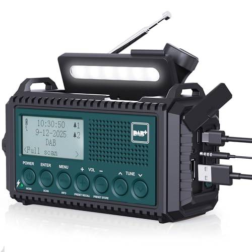 Kurbelradio DAB/DAB+/UKW, Baustellenradio Radio Batteriebetrieben, Tragbare Solar Notfallradio mit 5000mAh Wiederaufladbare Akku, LED Taschenlampe & Leselicht, IPX4, SOS-Alarm für Outdoor, Camping
