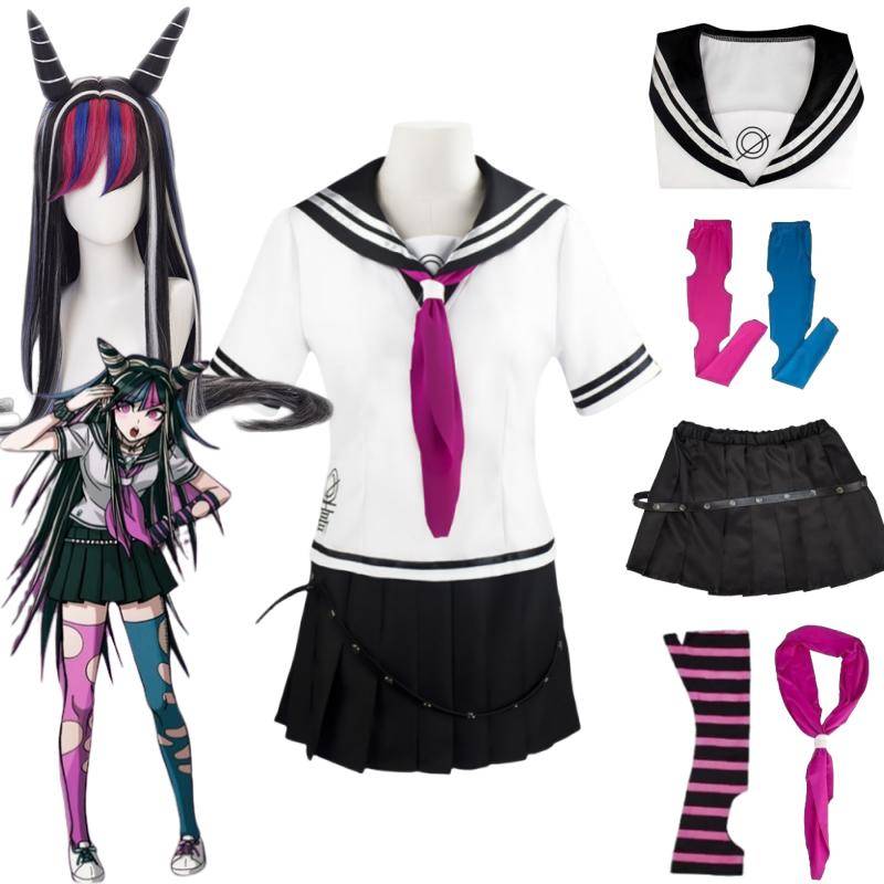 Anime Danganronpa Mioda Ibuki Cosplay Kostym Färgglad Devil Horn Peruk med JK Sailor Suit Outfits Halloween Carnival Kläder cm black