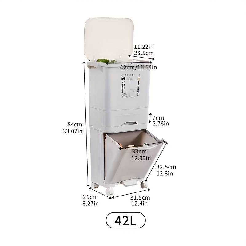 TEMU 1-pack Double-layer Large Capacity Trash Can, 38l/10.03 Gallons, 42l/11.09 Gallons, Movable Trash Can With Wheels, Wet And Dry Garbage , Small Space Household Trash Can, Space- Waste Bin