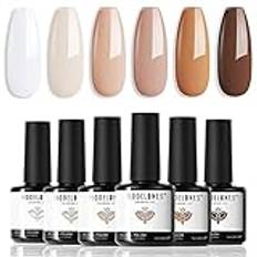 Modelones Gellack 6 Färger Vit Beige Brun UV/LED Gel Nagellack, Gel Nail Polish för Nagelkonst Nagel Kit Nagelstudio
