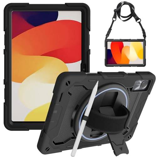 zenrich Stötsäkert fodral för Xiaomi Redmi Pad SE 11" 2023, robust silikonfodral med 360° roterande stativ, pennhållare, handledsrem och axelrem för Redmi Pad SE - svart