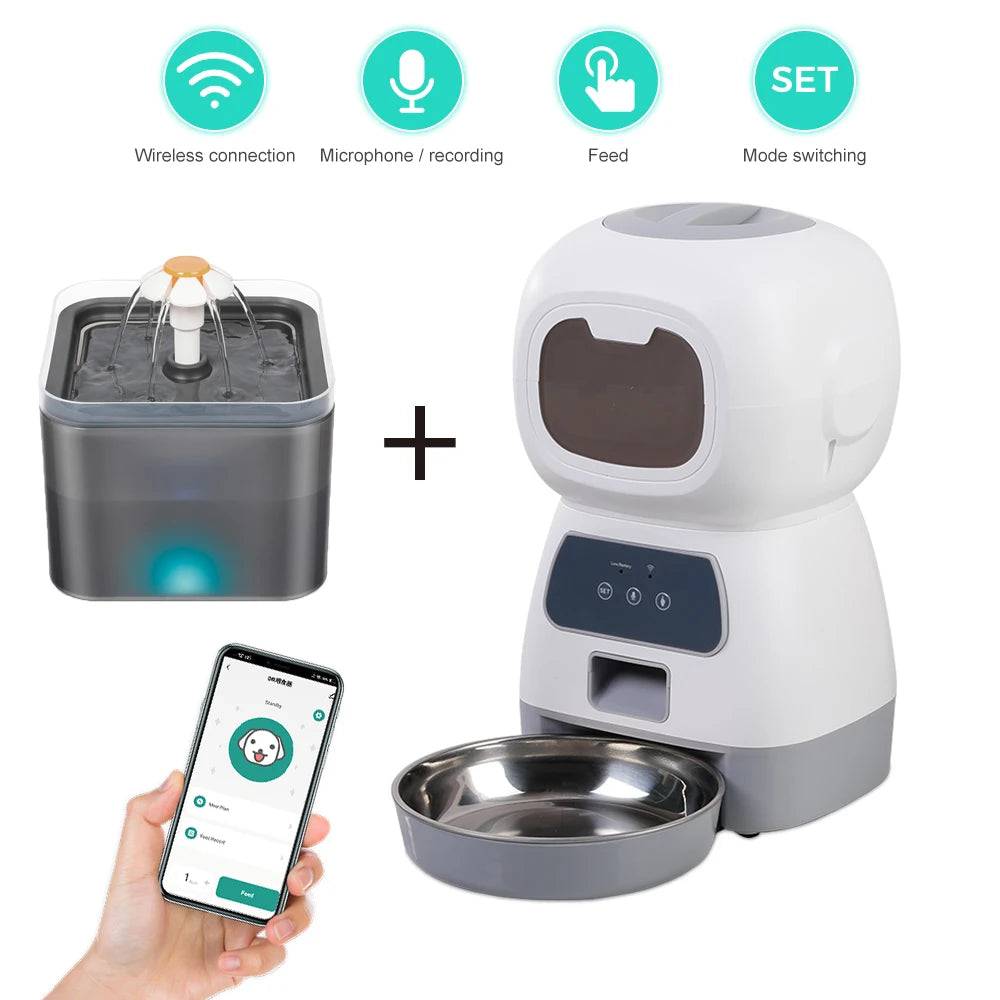 Smart WiFi Pet Feeder and Water Fountain Combo - 3.5L Food + 2L Water - Gray feeder Set