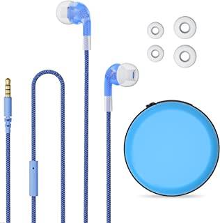 Geekria Trådbundna öronsnäckor för barn med mikrofon och volymkontroll för skola och onlineklass, barn 3,5 mm uttag in-ear-hörlurar med 85 dB volymgräns för små öron, förvaringsväska ingår (blå)