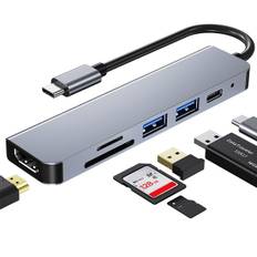 Hub USB C, Multiport USB C-adapter til MacBook Pro, 6-i-1 USB C til HDMI-hub (4K HDMI USB3.0 USB2.0 SD/TF-kortlæser 87W PD)