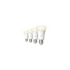 Philips Hue White E27 Smart LEDlampa 9W (4pack), lampa för smart hem, dimbar varmvitt ljus 2700k, belysning för sovrum, vardagsrum & kök, röststyrning via Alexa, Google & Siri, Bluetooth/Zigbee