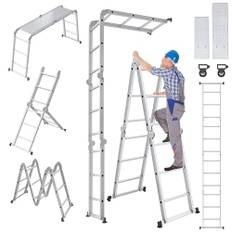 UISEBRT multifunktionell stege 4 x 3 aluminium med plattform, 6-i-1 multifunktionsstege, 340 cm, vikbar stege, aluminiumstege, kombistege, multifunktionsstege upp till 150 kg, silver