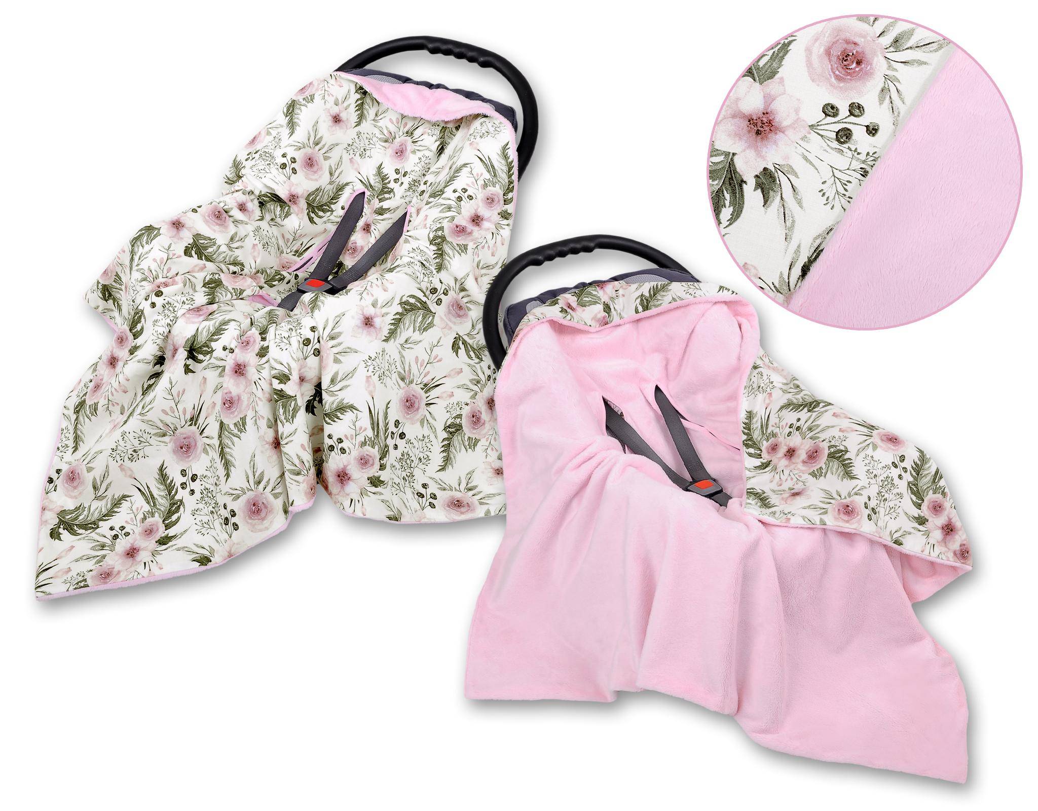 Large, double-sided baby wrap for the stroller carrier seat - pink peonies