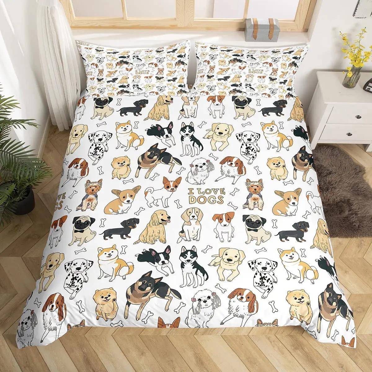 Barn Sött Hund Sängklädesset Sängkläder Tecknade Hundar Täcke Örngott för Pojkar Flickor Barn Husdjur Valp Djur Polyester Påslakan 228x228cm 3pcs