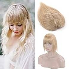 16" volym hårtillskott med clips för kvinnor nät 7 x 13 cm tyll med äkta silkesbas fransar, 150% densitet, 24 naturlig blond