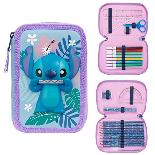 Disney Stitch pennfodral med brevpapper för flickor frysta fyllda blyertsfodralskolan tillförsel färgpennor färgade markörer stitch gåvor för flickor, En storlek, Stitch Double Zip