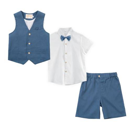 LOLANTA 4 STK Pagen Junge Kurzanzug, Kinder Leinenanzug Sommer Anzug, Festliche Sommerhochzeit Taufe Zeremonie Outfit, Geburtstag Partykleidung, Kind Westen Shorts Set, Blau, 7-8 Jahre, 130