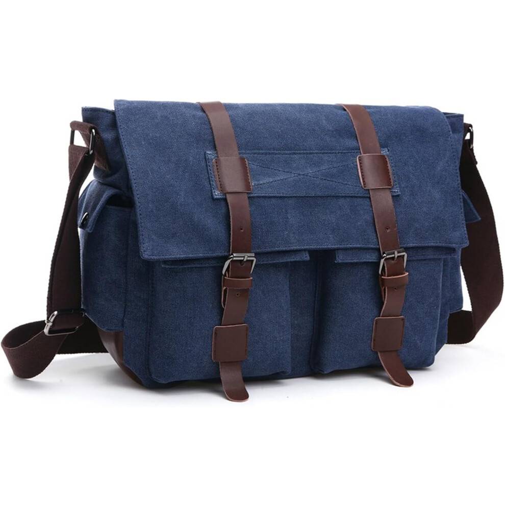 Retro militær herre crossbody-taske i lærred, laptoptaske i læderlærred, messenger-taske