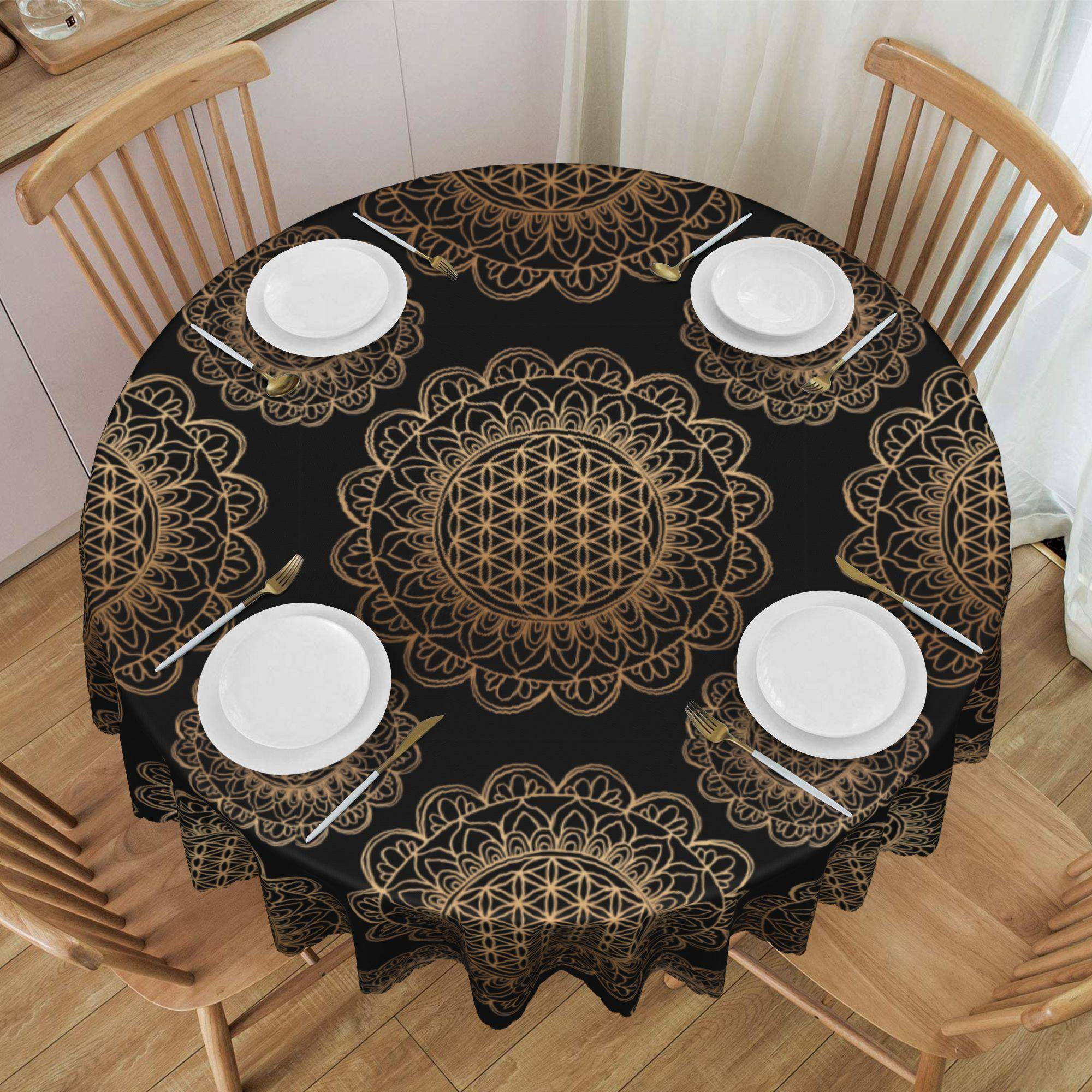 Livets Blomma Mandala Svart Guld Duk Rund Oljebeständig Helig Geometri Bordsduk för Kök 60 tum