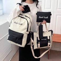 5 Pieces Solid Color High School Student Backpack Set, High Capacity Stylish Rucksack, Includes Backpack, Pencil Case, Wallet And More - Black and White