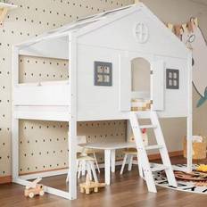 Hausbett, mit Treppe, mit Fallschutz und Gitter, Zwei graue Fenster, Kinderbett mit Fenster, Frei gestaltetes Unterbett, Rahmen aus Kiefer, Kiefer+MDF - Vitt