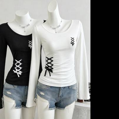 2-pack åtsittande långärmade T-shirts för tonårstjejer med midjerem och grafiskt tryck, avslappnad streetwear, hösttoppar för examen och helg, svart o - Multifärgad (14Y,13Y,16Y,15Y)