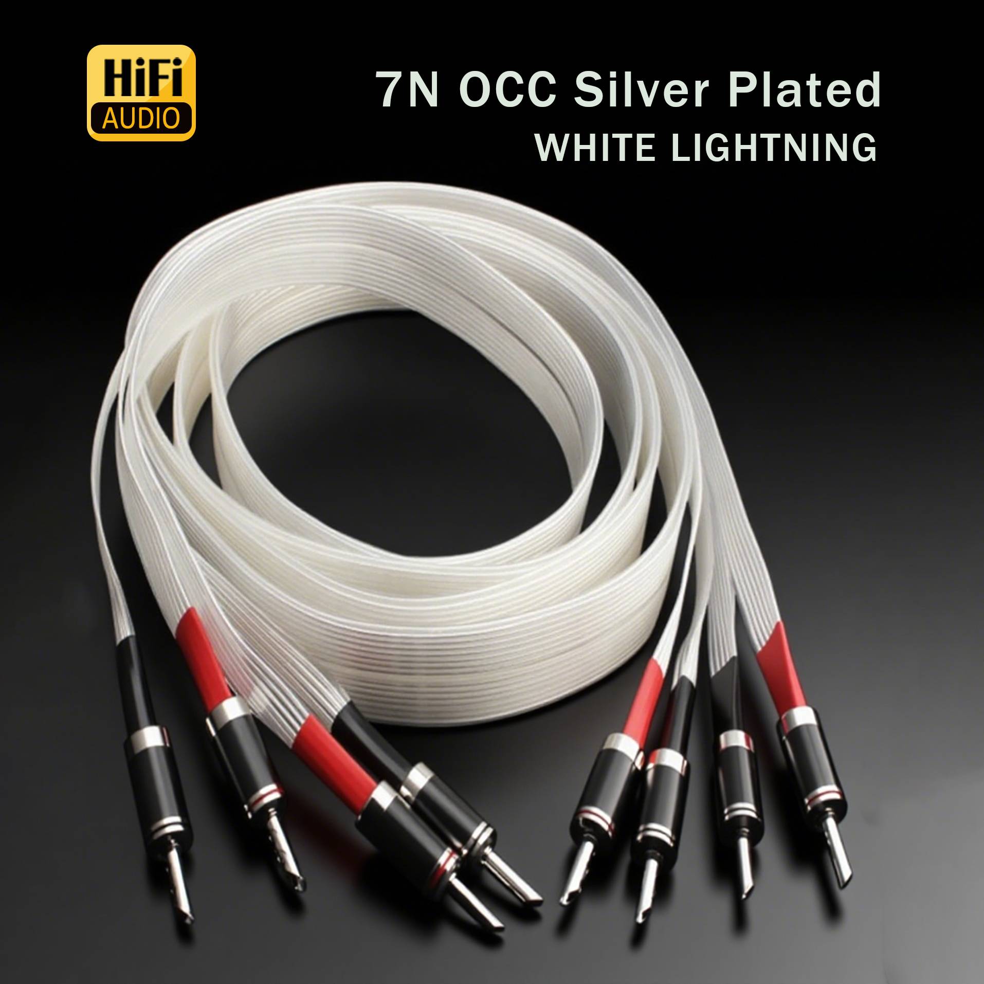 Pair Speaker Flat Wire Cable7N OCC Silver Plated Music Ribbon Loudspeaker Cable Audiophile with Carbon Fiber Banana Plug Y Spade