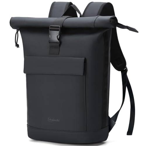 Lekeinchi Rolltop Rucksack Damen & Herren, Elegant Laptop Rucksack Wasserdicht mit 17 Zoll Laptopfach, Großer Reiserucksack Tagesrucksack Schulrucksack für Reisen, Uni Schule, Arbeit - Schwarz