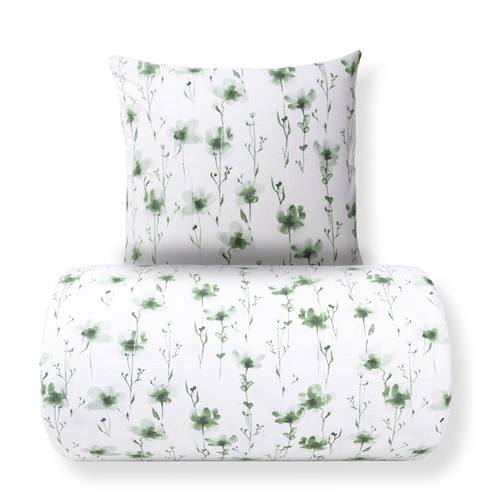 Sängkläder - Bomullsflanell - Vit med gröna blommor