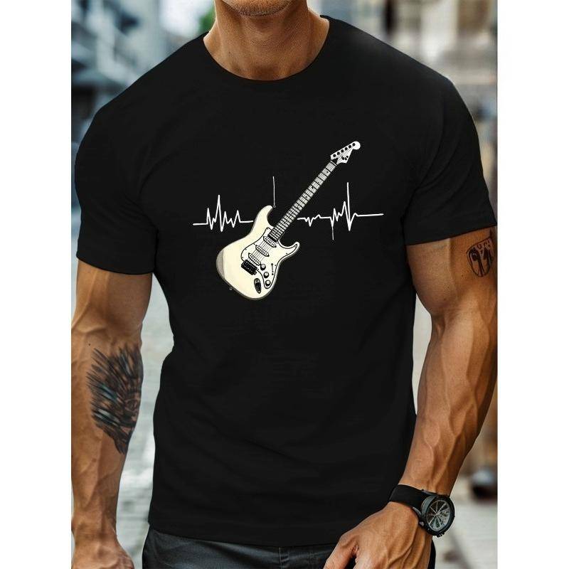 Herr T-shirt med grafiskt tryck av elektrisk gitarr och hjärtslag, Musikälskare T-shirt med hjärtslagslinje, Lätt T-shirt med rund hals för konserter,