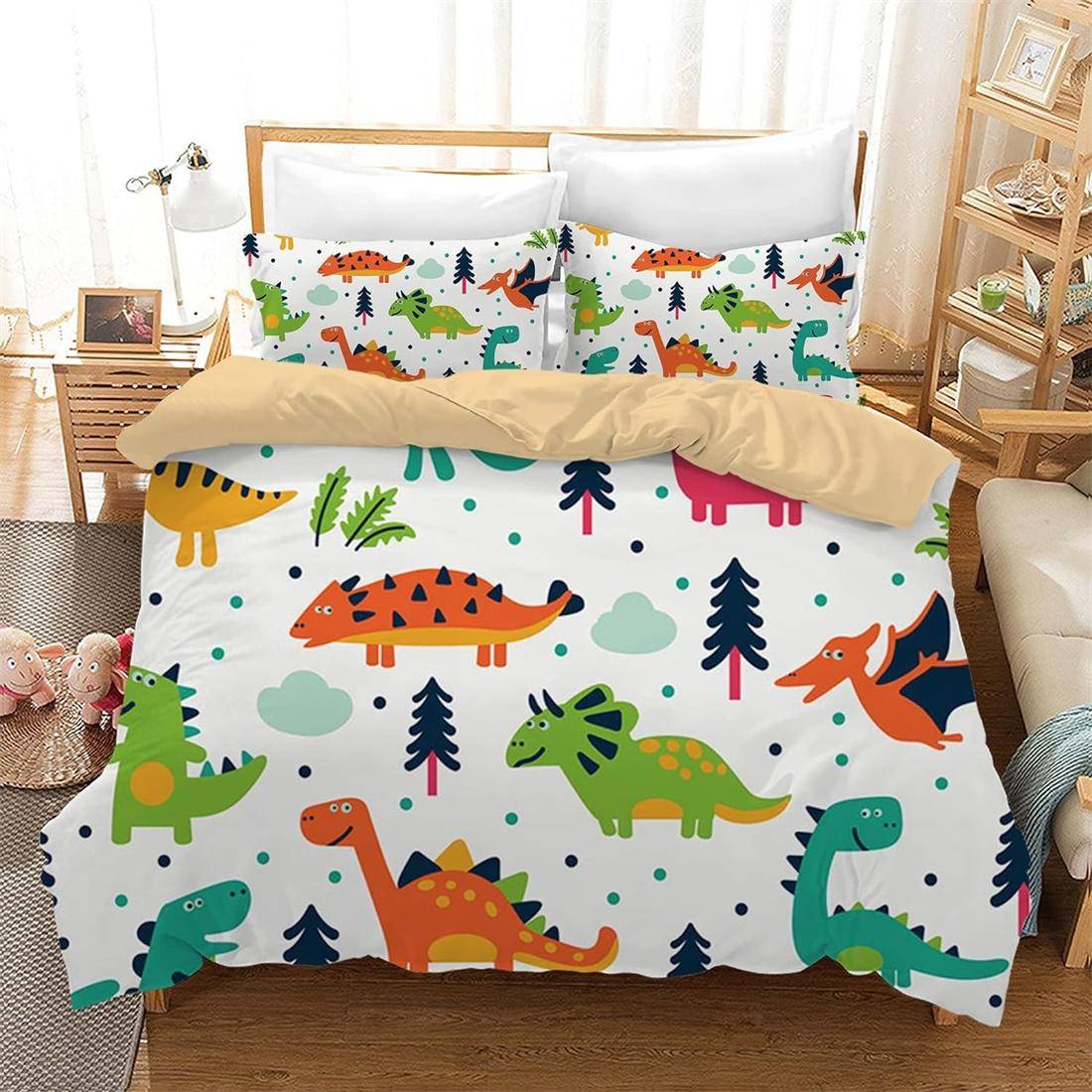 Tecknade dinosaurier sängkläder 3D Dino överkast för pojkar barn härlig djurvärld sovrumsinredning barngåva 228x228cm-3pcs