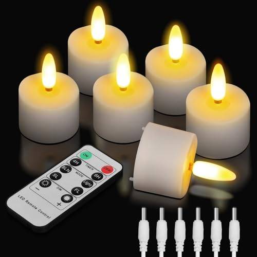 TechKen 6 stycken uppladdningsbara LED-värmeljus med fjärrkontroll 4H/6H timerfunktion, dimbara elektrisk LED värmeljus uppladdningsbara flimrande flamlösa ljus för jul, halloween
