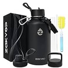ZAKVOP 2L Isolerad Vattenflaska med Sugrör och 3 Lock, Vattenflaska i Rostfritt Stål med Paracord-handtag, 2 liters Vattenflaska i Metall med Flaskborstar för Gym, Vandring, Camping