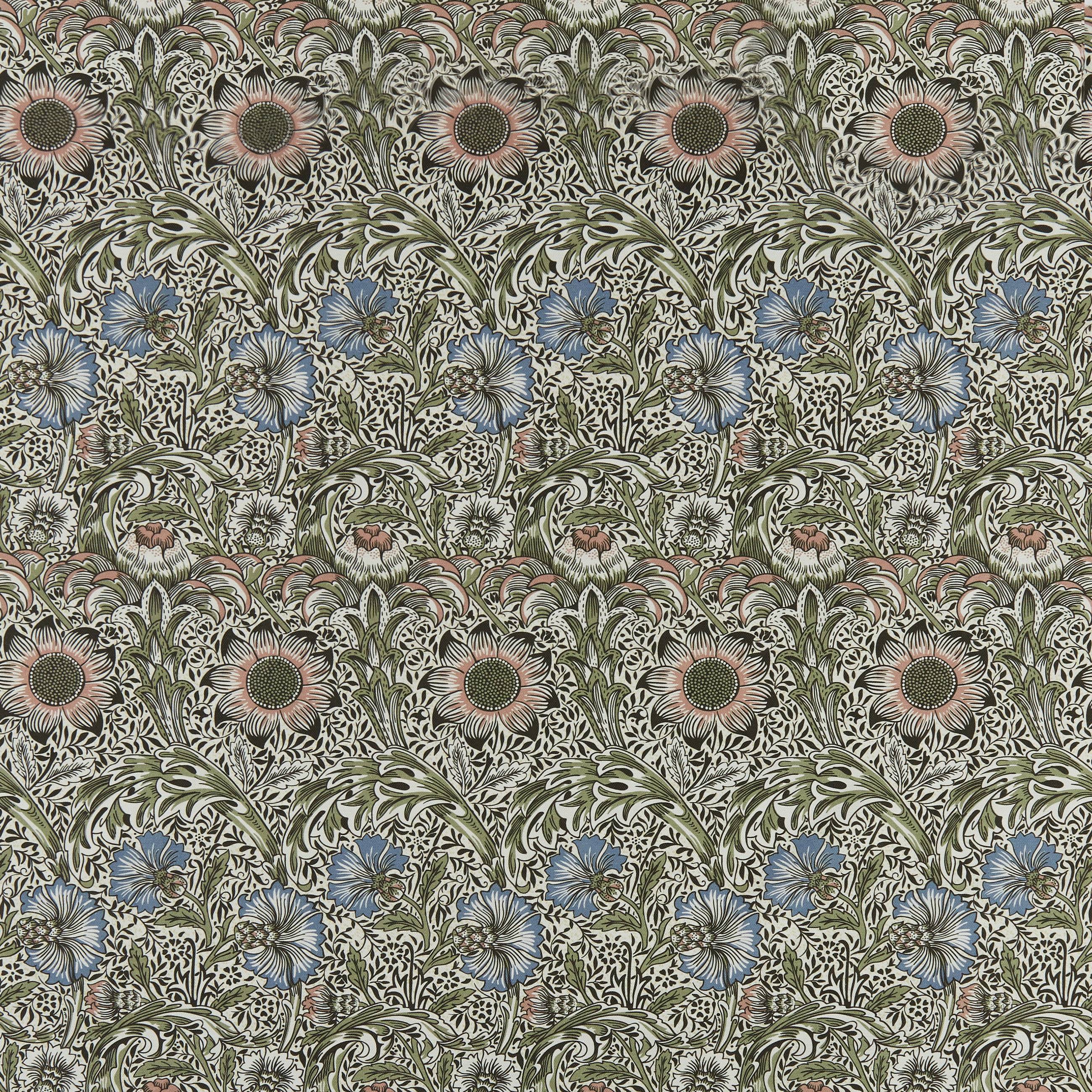 Vævet bomuldsblanding, grøn med blomster, inspireret af William Morris