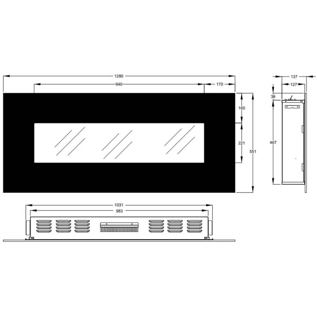 Aflamo Albion 128 cm Sort Elektrisk Pejs – Væghængt LED, 0,75–1,5 kW Varme