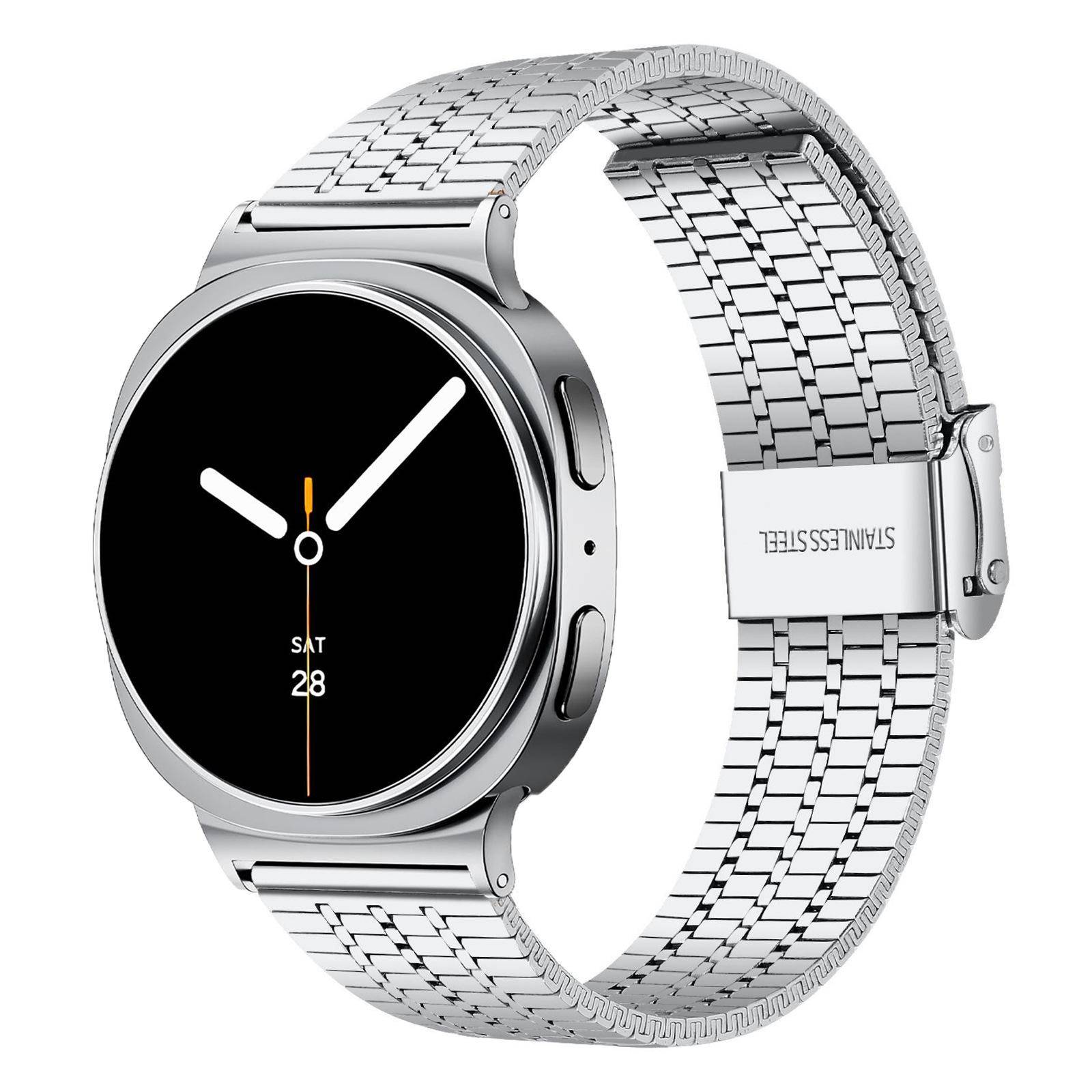 7-länks armband i rostfritt stål för Samsung Watch 8 (40/44/46 mm),  dubbel säkerhetslås rosa guld färg/silver