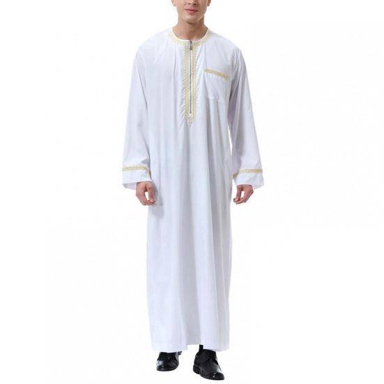 Sommar Herr Morgonrock Retro Rund Hals Halv Dragkedja Lång Ärm Lös Malaysia Mellanöstern Arabisk Dubai Traditionell Maxi Morgonrock Lång Topp cm vit