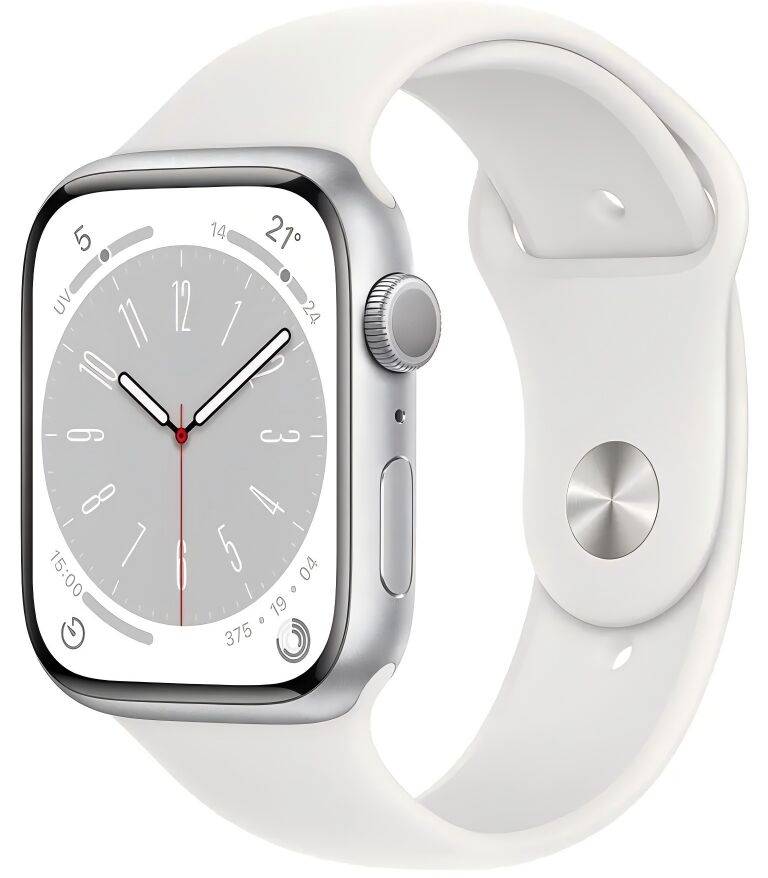 Apple Watch Series 9 Aluminium 45 mm (2023) | GPS + Cellular | silver | Vitt sportarmband M/L