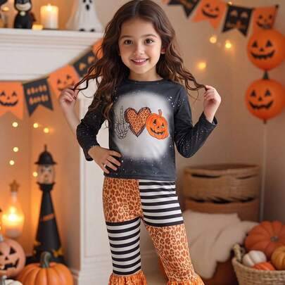 2-delat set för flickor med långärmad T-shirt i patchwork med halloweenpumpa, leopardmönster och ränder + utsvängda byxor, bekväm outfit för högtidsfi - Multifärgad (6Y,7Y,4Y,5Y,2-3Y)