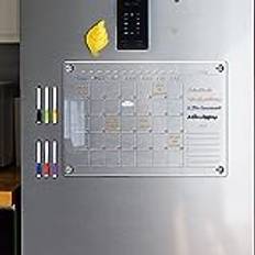 RANRAO Magnetisk kalender i akryl, magnetisk kylplanerare, kylskåpsmagnet månadsvis och veckokalender med 6 pennor, återanvändbar klar akrylkalenderplaneringskort för kylskåp